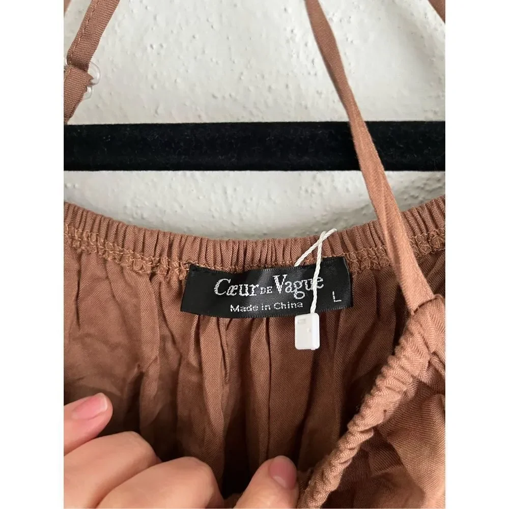 Coeur de Vague Woman Brown Ruffle Crop Off Shoulder Jumpsuit , Size Large